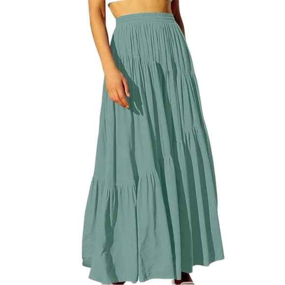 NWT Women Boho Elastic High Waist Pleated A-Line Swing Asymmetric Tiered Skirt - Picture 2 of 3